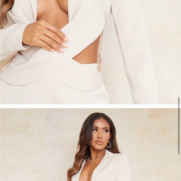 PRETTY LITTLE THING Stone Woven Tailored Cut Out Waist Wrap Over Blazer size 12 - Picture 3 of 5